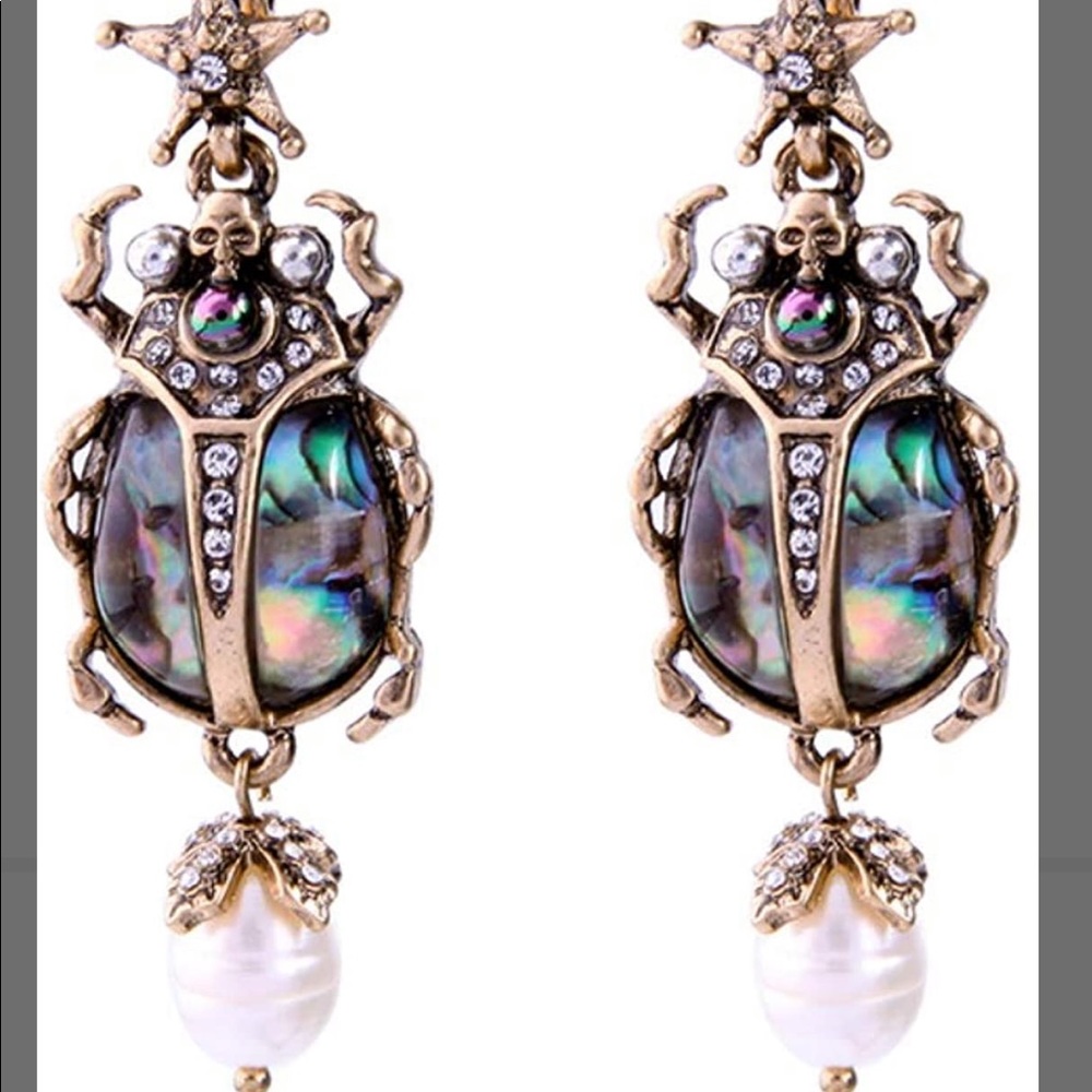 Earrings Scarab Dangle Drop Victorian Gold n Pearl
